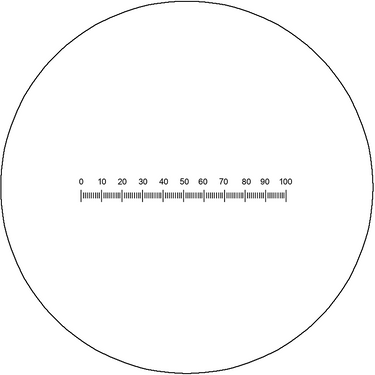 Microscope Eyepiece Reticle Linear Scale Micrometer Ruler Dia. 18mm, 5mm/100 Div., SKU RT20101111, three quarter front view