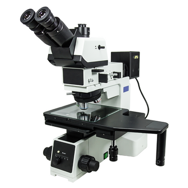 50-500X Halogen Coaxial Reflection Light XY Stage Travel Distance 158x158mm Trinocular Metallurgical Microscope, SKU MT05160323, three quarter front view
