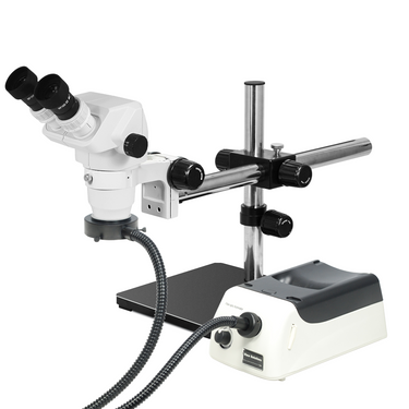 6.7-45X Halogen Light Boom Stand Binocular Zoom Stereo Microscope, SKU SZ02020427, three quarter front view