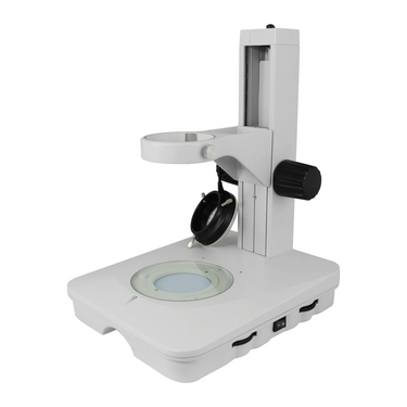 Microscope Track Stand, 76mm Coarse Focus Rack, LED Ring Light, LED Light Base (Dimmable), SKU ST04030301, three quarter front view