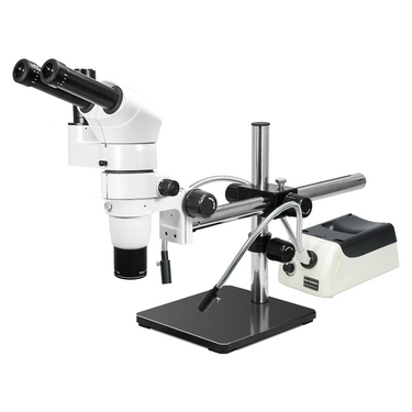 8-50X Halogen Light Boom Stand Trinocular Parallel Zoom Stereo Microscope, SKU PZ02040434, three quarter front view