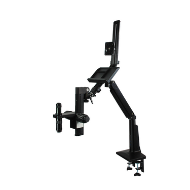 0.35X-2.25X Industrial Inspection Video Zoom Microscope, Pneumatic Arm Clamp Stand, Inclinable Focus Drive + Monitor Holder, SKU MZ02010175, three quarter front view