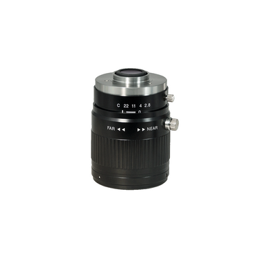 Objective Working Distance 130mm-∞ Adjustable Telecentric Objective Lens, SKU TL44121101, three quarter front view