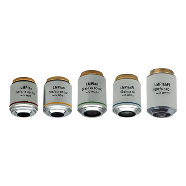 5X/10X/20X/50X/100X Infinity Long Working Distance Plan Achromatic Dark Field Metallurgical Objective Set, SKU DF05163032, three quarter front view