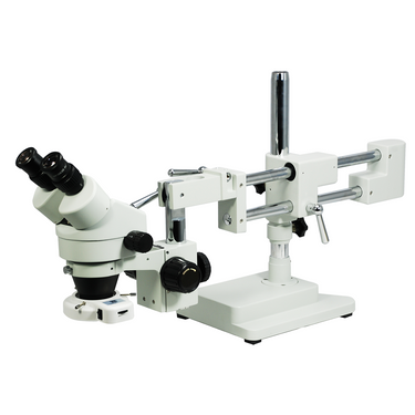 3.5X-45X Widefield Zoom Stereo Microscope, Binocular, Double Arm Boom Stand, LED Light, SKU SZ02010523, three quarter front view