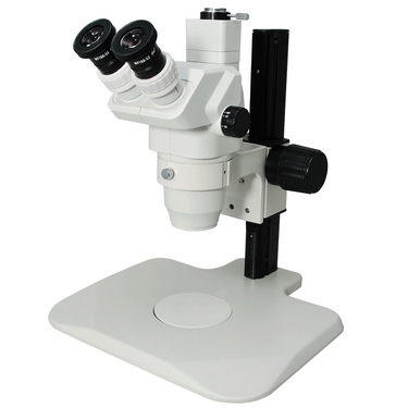 6.7-45X Track Stand Trinocular Zoom Stereo Microscope, SKU SZ02020031, three quarter front view