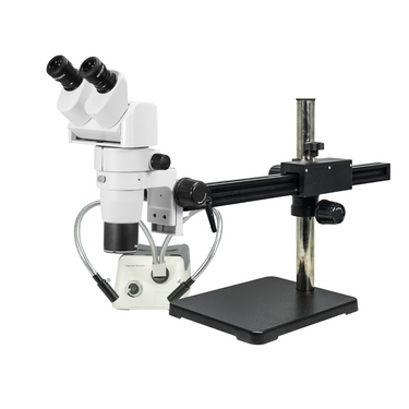 8-65X Ball Bearing Boom Stand Halogen Light Binocular Parallel Zoom Stereo Microscope, SKU PZ02080265, three quarter front view