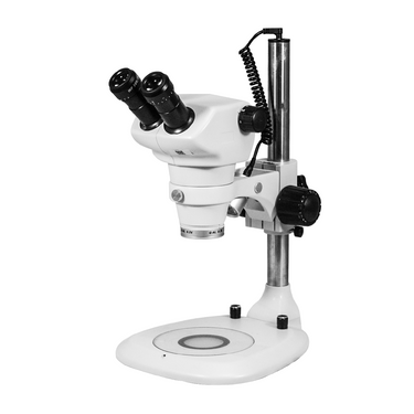 4-50X Post Stand LED Dual Illuminated Light Binocular Zoom Stereo Microscope, SKU SZ17010221, three quarter front view