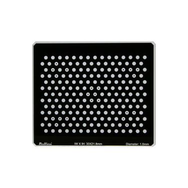 Manufacturing Precision ±1μm Optical Glass Honeycomb Dot Calibration Target compatible with Halcon (35x30mm 13x15), SKU CT20010102, three quarter front view