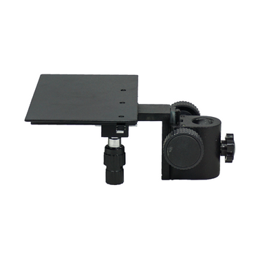 Focus Distance 52mm Post Hole Diameter of Focusing Rack Dia. 25mm XY Stage Travel Distance 70x40mm Stage Platform Dimensions 200x125mm Manual Stage, SKU SG02305211, three quarter front view