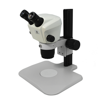 7X-45X Widefield Zoom Stereo Microscope, Binocular, Track Stand (Adjustable Eyepiece), SKU SZ02040021, three quarter front view