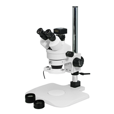3.5-90X 3.0 Megapixels CMOS Post Stand Fluorescence Light Trinocular Zoom Stereo Microscope, SKU SZ02010238, three quarter front view