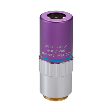 Objective Working Distance 14.76mm 50X LCD Infinity Long Working Distance Plan Apochromatic NUV Objective, SKU Mitutoyo-378-820-8, three quarter front view