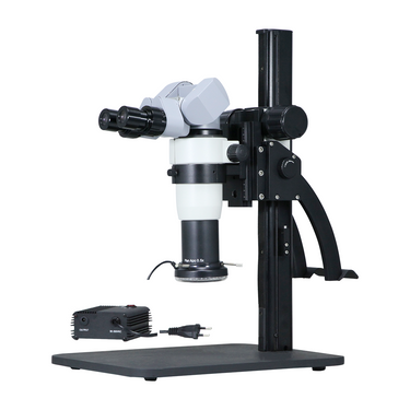 5-50X LED Light Curved Arm Stand Binocular Parallel Zoom Stereo Microscope, SKU PZ02020162, three quarter front view