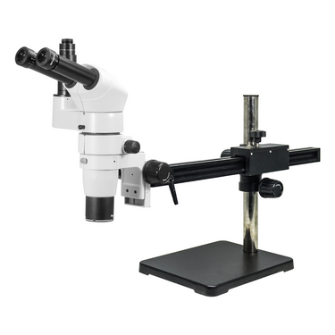 8-65X Ball Bearing Boom Stand Trinocular Parallel Zoom Stereo Microscope, SKU PZ02080232, three quarter front view