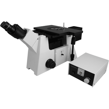 100-800X Inverted Halogen Coaxial Reflection Light XY Stage Travel Distance 120x90mm Trinocular Inverted Metallurgical Microscope, SKU MT03040303, three quarter front view