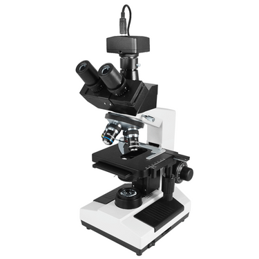 40X-1600X Biological Compound Laboratory Microscope, Trinocular, LED Light + USB Digital Camera, SKU BM02050311, three quarter front view