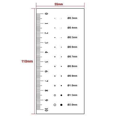 Microscope Stage Micrometer, Calibration Film Ruler, Inspection Black Dot Point Gauge Card 0.3mm-2.0mm, SKU RT02420201, three quarter front view