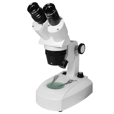 10X/20X Widefield Stereo Microscope, Binocular, Track Stand, LED Top and Bottom Light, Bright Field, SKU FS12140124, three quarter front view