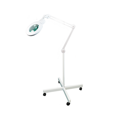 3 Diopter (1.75X) LED Magnifying Lamp with Rolling Floor Stand – 5-inch Glass Lens (Removable), SKU MG16324111, three quarter front view