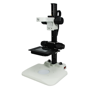 Microscope Track Stand, 76mm Coarse Focus Rack, Fine Focus XY Stage, LED Light Base, SKU ST02112022, three quarter front view