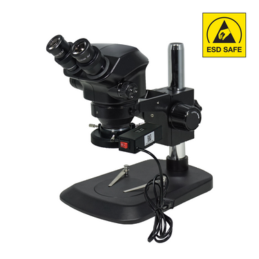 7-50X ESD Safe Post Stand Fluorescence Light ESD Binocular Zoom Stereo Microscope, SKU SZ02090122, three quarter front view