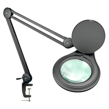 ESD 3 Diopter (1.75X) LED Magnifying Lamp with Clamp - 5-inch Glass Lens and Flip Cover, SKU MG16303122, three quarter front view