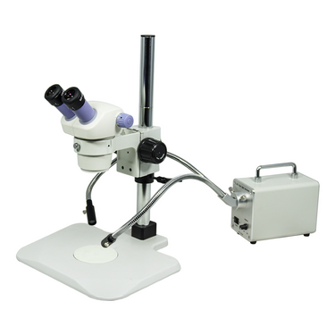 7-30X LED Light Post Stand Binocular Zoom Stereo Microscope, SKU SZ02080225, three quarter front view
