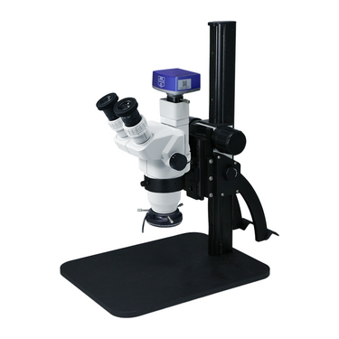 6.7-45X 8 Megapixels CMOS LED Light Curved Arm Stand Trinocular Zoom Stereo Microscope, SKU SZ02020134, three quarter front view