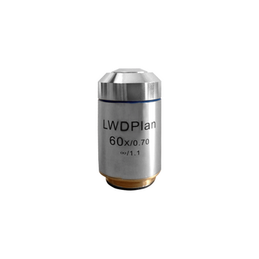 60X Infinity-Corrected Long Working Distance Plan Achromatic Microscope Objective Lens Working Distance 2.55mm, SKU BM03033631, three quarter front view