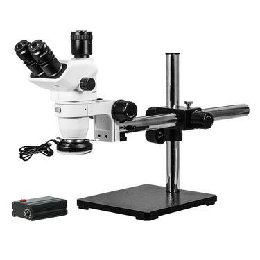 6.7-45X LED Light Boom Stand Trinocular Zoom Stereo Microscope, SKU SZ02060432, three quarter front view