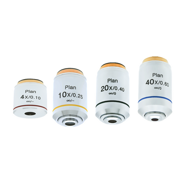 Infinity-Corrected Plan Achromatic Metallurgical Microscope Objective Lens Set 4X10X 20X 40X, SKU MT13033031, three quarter front view