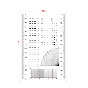 150mm/600 Div, 20x30mm/200x300 Net Grid, 20x30mm/200x3 Net Grid Comparison Test Gauge, SKU RT02420503, three quarter front view