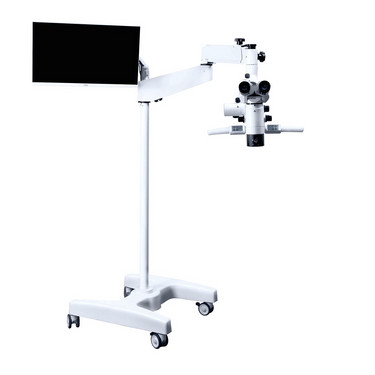 3.6X/5.4X/9X/14.4X/22.5X LED Coaxial Reflection Light Pneumatic Arm Floor Stand Trinocular Parallel Multiple Power Operation Surgical Microscope, SKU SM51040192, three quarter front view