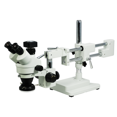 3.5X-180X Widefield Zoom Stereo Microscope, Trinocular, Double Arm Boom Stand, LED Light + 16M CMOS Digital Camera, SKU SZ02010532, three quarter front view