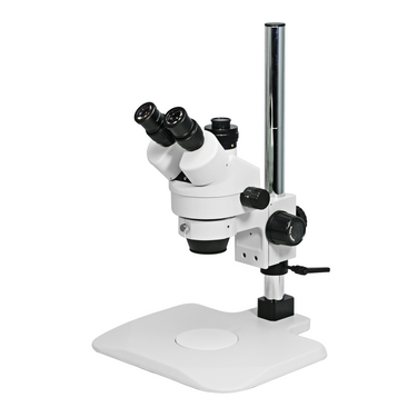 7-45X Post Stand Trinocular Zoom Stereo Microscope, SKU SZ02010231, three quarter front view