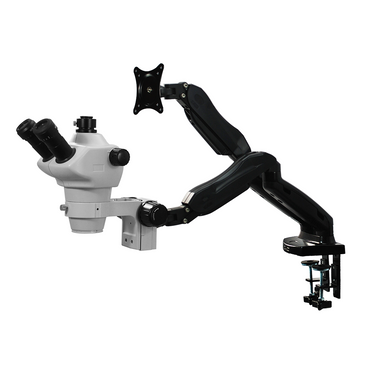 8X-50X Widefield Zoom Stereo Microscope, Trinocular, Pneumatic Articulating Arm Table Clamp + Monitor Holder, SKU SZ02030742, three quarter front view