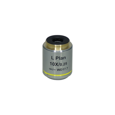 Objective Working Distance 17.7mm 10x Dispersion Staining Polarizing Objective, SKU PL02503312, three quarter front view