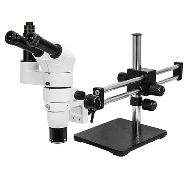 8-80X Dual Arm Stand Trinocular Parallel Zoom Stereo Microscope, SKU PZ02050131, three quarter front view
