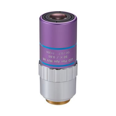 Objective Working Distance 9.76mm 50X LCD Infinity High Resolution Long Working Distance Plan Apochromatic NUV Objective, SKU Mitutoyo-378-891-6, three quarter front view