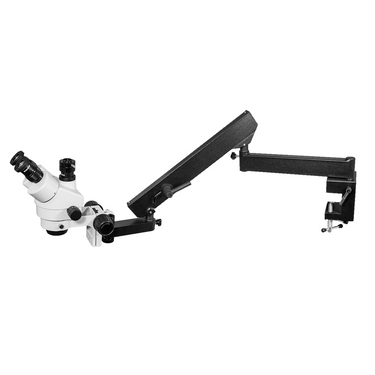 7X-45X Widefield Zoom Stereo Microscope, Trinocular, Flexible Articulating Arm Table Clamp (Siedentopf), SKU SZ02010631, three quarter front view