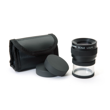 1mm/10 Div, 1mm/5 Div, 16mm/32 Div, 0.1″/10 Div, 0.6″/24 Div 7X Adjustable Magnifier with Scale, SKU Ideal-M12071, three quarter front view