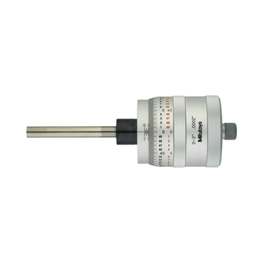 0-2″ Mechanical Micrometer Head Graduation 0.0002″ 2" Flat Zero-Adjustable Mechanical Micrometer Head (Thimble Diameter: Dia. 49mm, Spindle Diameter: Dia. 8mm, Bidirectional Grad), SKU Mitutoyo-197-201, three quarter front view