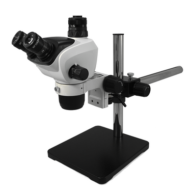 6.6X-51X Widefield Zoom Stereo Microscope, Trinocular, Single Arm Boom Stand, SKU SZ02050431, three quarter front view
