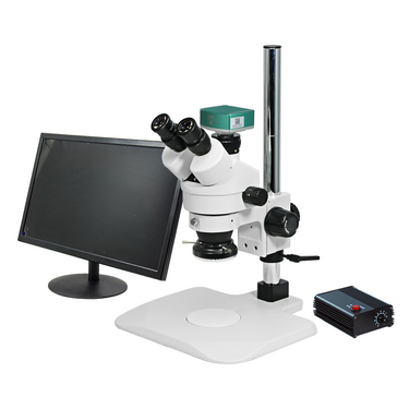 2.0 Megapixels 7-45X CMOS LED Light Post Stand Trinocular Zoom Stereo Microscope, SKU SZ02010254, three quarter front view