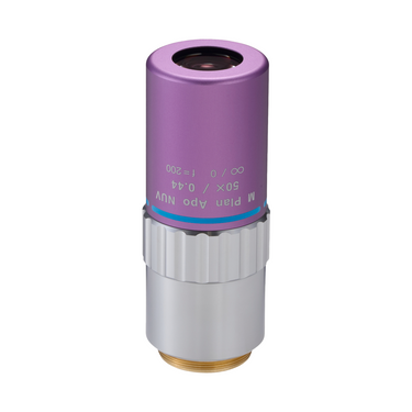 Objective Working Distance 15mm 50X Infinity Long Working Distance Plan Apochromatic NUV Objective, SKU Mitutoyo-378-818-8, three quarter front view