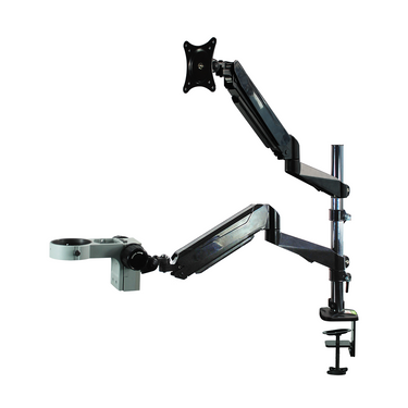 Microscope Monitor Dual Arm Stand, Post Clamp, 76mm Focus Rack, SKU ST02071722, three quarter front view