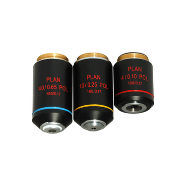 Plan Achromatic POL Polarizing Microscope Objective Lens Set 4X 10X 40X with Black Finish, SKU PL05073031, three quarter front view