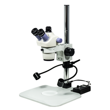 7-30X LED Light Post Stand Trinocular Zoom Stereo Microscope, SKU SZ02080232, three quarter front view