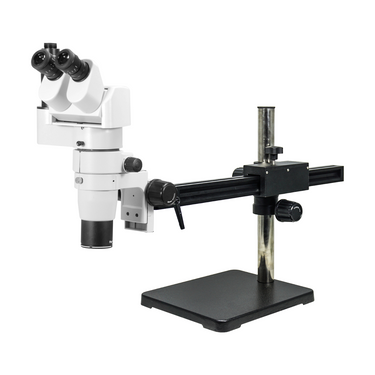 8-65X Ball Bearing Boom Stand Trinocular Parallel Zoom Stereo Microscope, SKU PZ02080252, three quarter front view